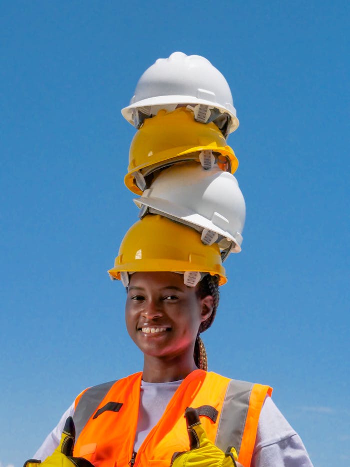 Smiling African American woman in safety gear balancing multiple hard hats on head against blue sky.